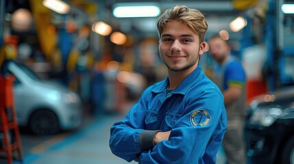 A happy young mechanic in a blue uniform stands with his arms crossed against the backdrop of car. Generative AI.