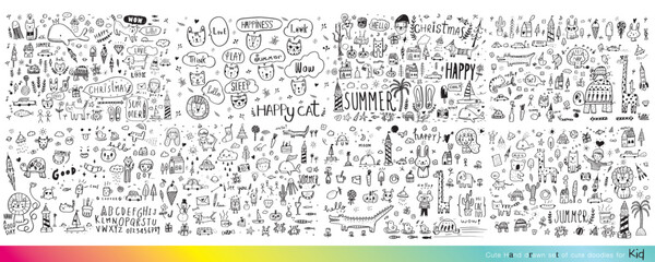 Collection of hand drawn cute doodles,Doodle children drawing,Sketch set of drawings in child style,Funny Doodle Hand Drawn,Page for coloring, cute animal