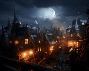 Night cityscape with old houses and a full moon in the sky - obrazy, fototapety, plakaty
