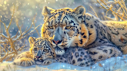 Snow leopard with her cub - 775999234