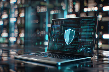A shield icon on a digital background on a laptop screen for cybersecurity concept - obrazy, fototapety, plakaty