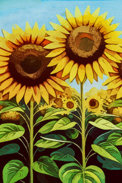  Sunflowers .Watercolor painting on canvas. Artistic brush stroeks . Pattern for printing on wall decorations, covers. Generated by Ai
