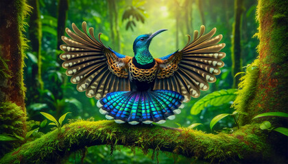 Portrait of riflebird with wings spread - 775999660