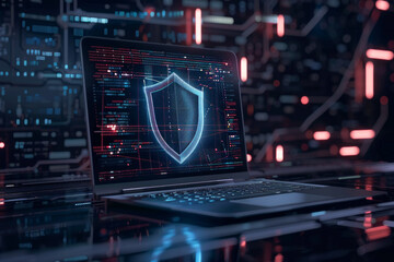 A shield icon on a digital background on a laptop screen for cybersecurity concept