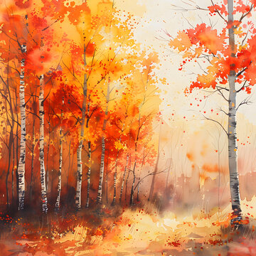 Art painting of a woodland biome with orange tree leaves