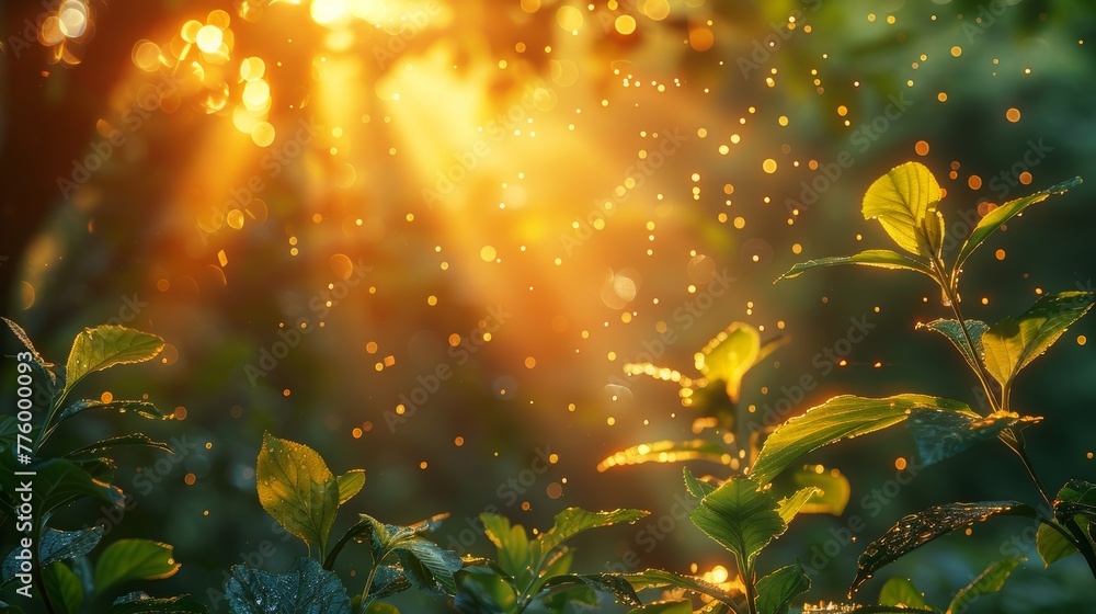 Poster stunning summer forest bokeh with sunrays and blurred ecology.