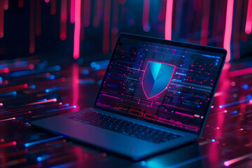 A shield icon on a digital background on a laptop screen for cybersecurity concept - obrazy, fototapety, plakaty