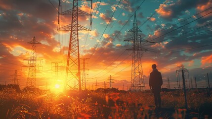 Silhouette of a person standing at a power plant at a high voltage pole at sunset over a city forest with towers and electric pylon silhouettes. Green energy or technology