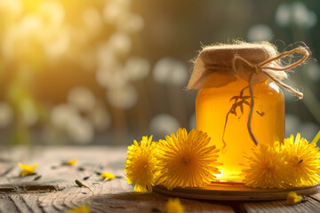 A glass jar of dandelion honey with a dipper and fresh flowers. Creative Banner. Copyspace image - obrazy, fototapety, plakaty