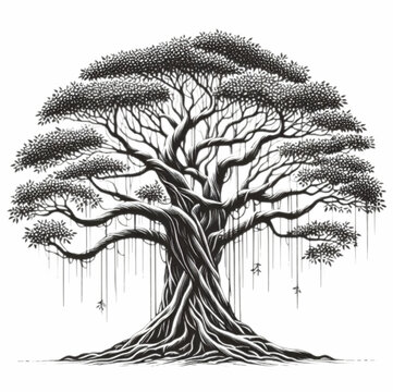 old and rare banyan tree in hand drawn style
