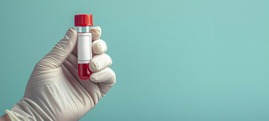 A gloved hand grasps a blood sample vial against a cool, pastel blue background, ensuring sterility
