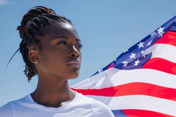 Portrait of young african american woman with usa flag on background.