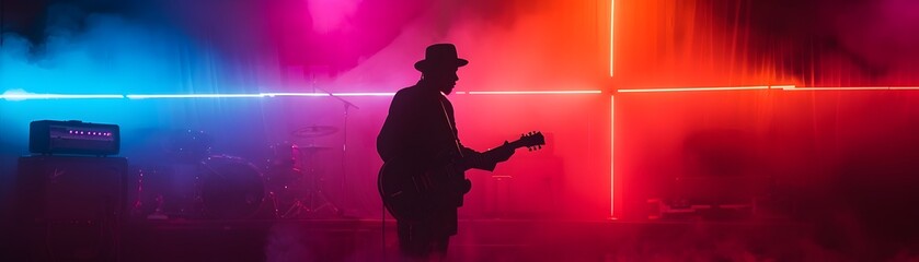 Lone musician playing guitar under a neon cross gospel blues in colored light dramatic moody atmosphere with copy space - obrazy, fototapety, plakaty