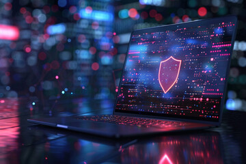 A shield icon on a digital background on a laptop screen for cybersecurity concept