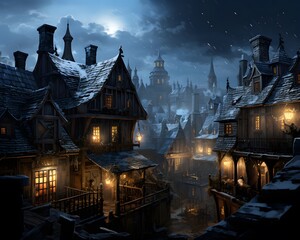 Fantasy winter landscape with old wooden houses and moonlit street.