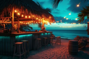 Tropical Beach bar ocean summer. Skyline sea. Generate Ai