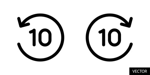 10 seconds backward and fast forward, rewind and skip ten seconds vector icons in line style design for website, app, UI, isolated on white background. Editable stroke. Vector illustration.