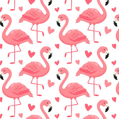 Pattern with pink flamingos and hearts. Pink flamingo in flat style. Seamless pattern for textile, wrapping paper, background.  © miss LEMON