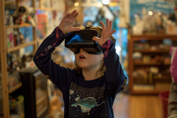 A young child wearing virtual reality goggles, exploring a virtual world with wonder and amazement