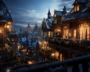 Snowy old town in the evening. Panoramic view.