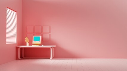 Soft Coral Workspace: Minimalist Design Meets Retro Tech