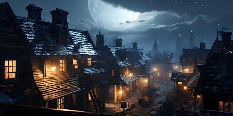 Night cityscape with a view of the roofs of houses and the moon