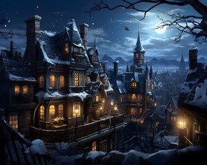 Winter landscape with old town in the moonlight. 3d rendering - obrazy, fototapety, plakaty