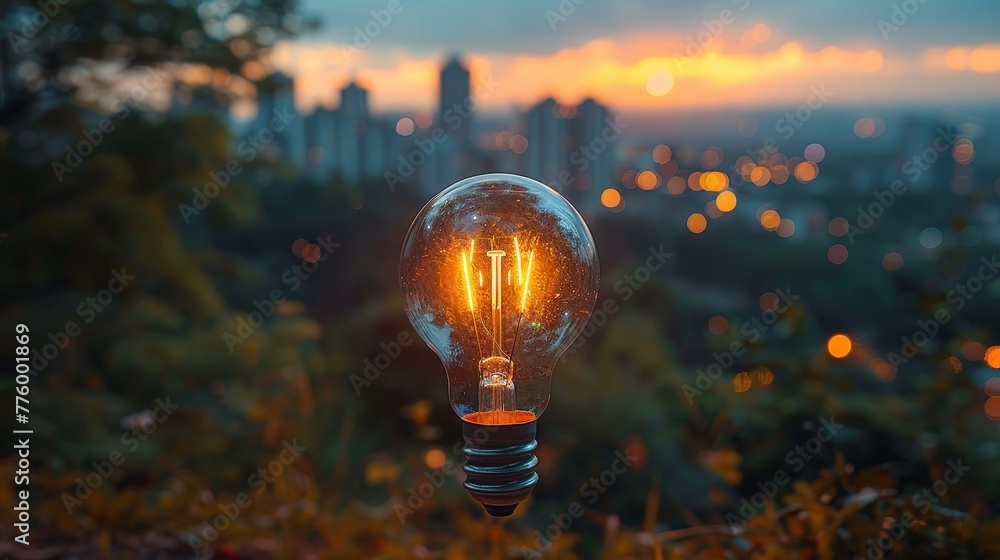 Poster Businessman holding light bulb against nature on city background with icons for renewable energy, ecology, and sustainable development.