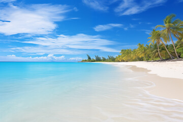A panoramic view of a pristine beach with golden sand and turquoise water, inviting viewers to escape to a tropical paradise