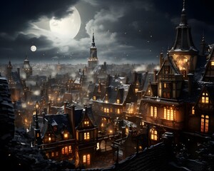 Night cityscape with houses and a full moon. 3d rendering