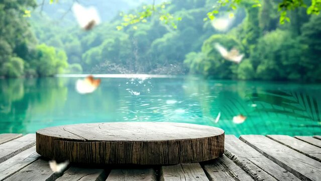 Empty wooden table on the water with a natural green forest background. For product display
