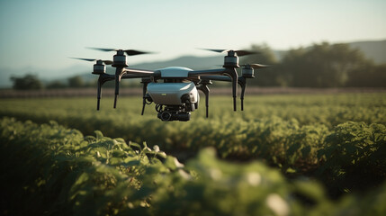 Agricultural drones flying on field.Smart farm drone flying modern technology in agriculture.Industrial drone over field and sprays useful pesticides to increase productivity destroys harmful insects - obrazy, fototapety, plakaty