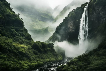 Fotobehang A majestic waterfall cascading down a lush green mountainside, surrounded by vibrant foliage and misty air © The Origin 33