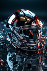 A 3D football helmet in motion surrounded by shattered pieces, designed for sports background.