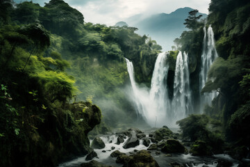 Fototapeta na wymiar A majestic waterfall cascading down a lush green mountainside, surrounded by vibrant foliage and misty air