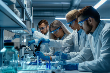 A group of scientists working together in a state-of-the-art laboratory, conducting experiments and pushing the boundaries of scientific discovery