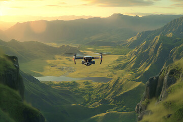 A drone hovering above a scenic landscape, capturing breathtaking aerial footage with its high-resolution camera