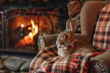 A cute rabbit wearing a plaid bow tie, lounging on a cozy armchair by the fireplace