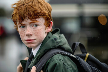 Portrait of a red-haired boy with freckles on his face
