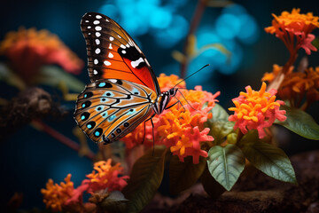 A close-up of a colorful butterfly resting on a blooming flower, showcasing the delicate beauty of nature