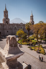 view over the main square and white stone church in Arequipa