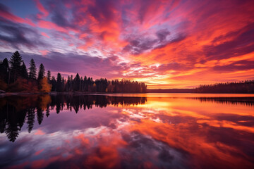 Obraz premium A breathtaking sunrise over a calm lake, painting the sky in shades of pink and orange and reflecting off the still water
