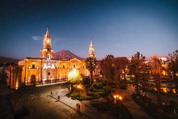 view of the main church in the white city Arequipa in Peru after sunset