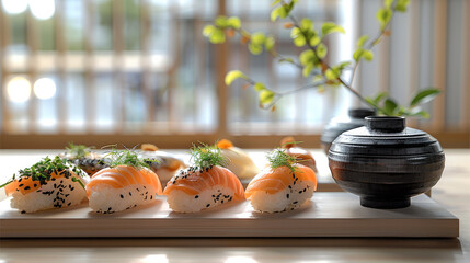 Obraz na płótnie Canvas A few sushi plates on the light wooden table. Generative AI.