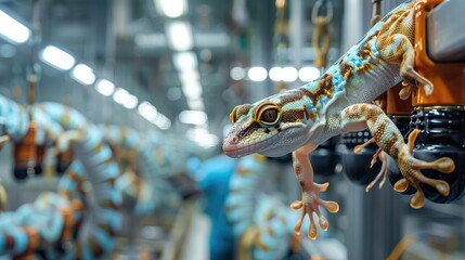 A geckos hanging upside down in modern factory. Generative AI. - obrazy, fototapety, plakaty