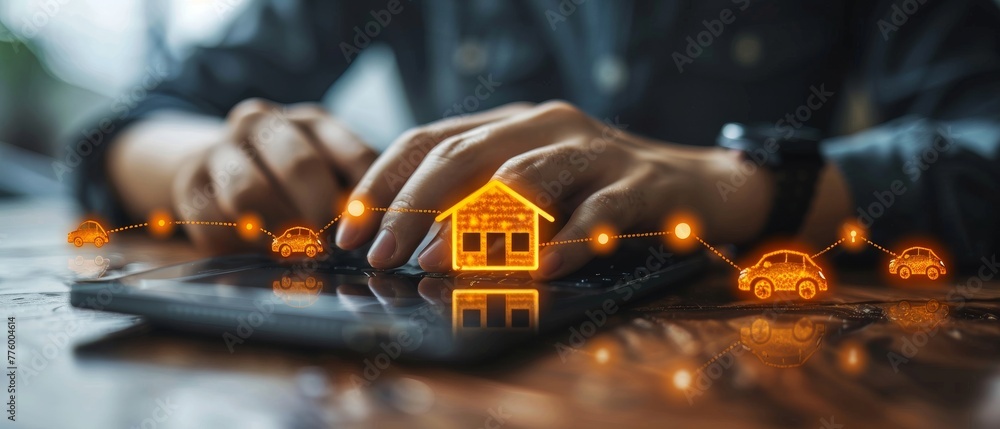Aufkleber businessman offers iot icon with wireless symbol and tech devices network. concept of iot solution, 