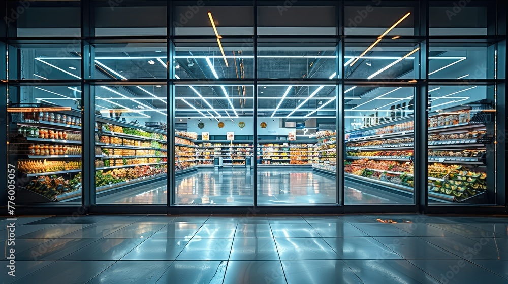 Poster A large supermarket through a ground-level glass facade with a neatly ordered. Generative AI.