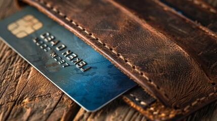 Close view of credit card in open leather wallet, detailed stitching, financial item