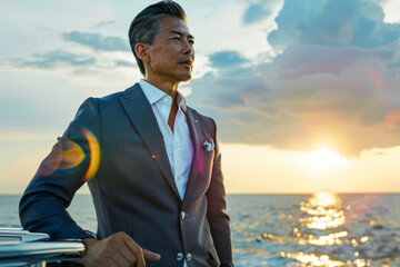 Handsome Asian man in a suit and tie standing on the deck of a yacht at sunset
