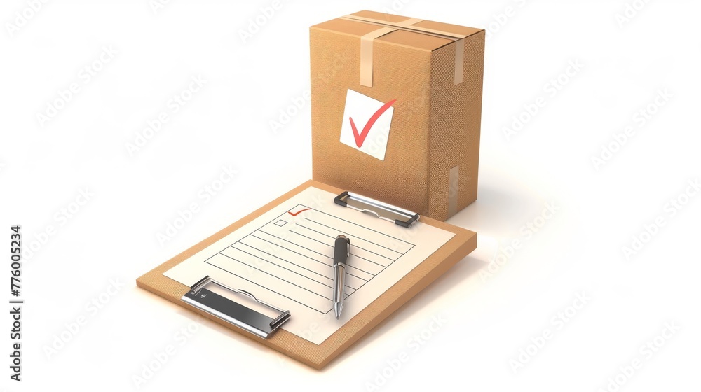 Poster Isolated 3D cardboard boxes and clipboards with check marks confirming order delivery. Returning parcel to courier. Checklist for shipment. Cartoon icon on white background. 3D rendering.